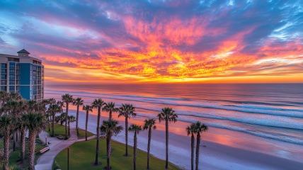 palm trees lining beach with sunset