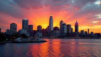Boston skyline with sun setting in the background